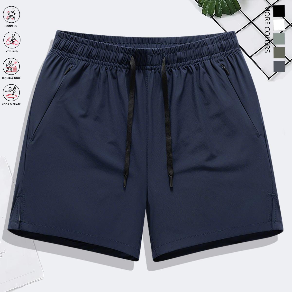 Men’s solid-color casual shorts with zippered pockets; summer fashion drawstring athletic shorts suitable for fitness and outdoor wear; comfortable shorts with a casual, minimalist style featuring letter print and drawstrings.