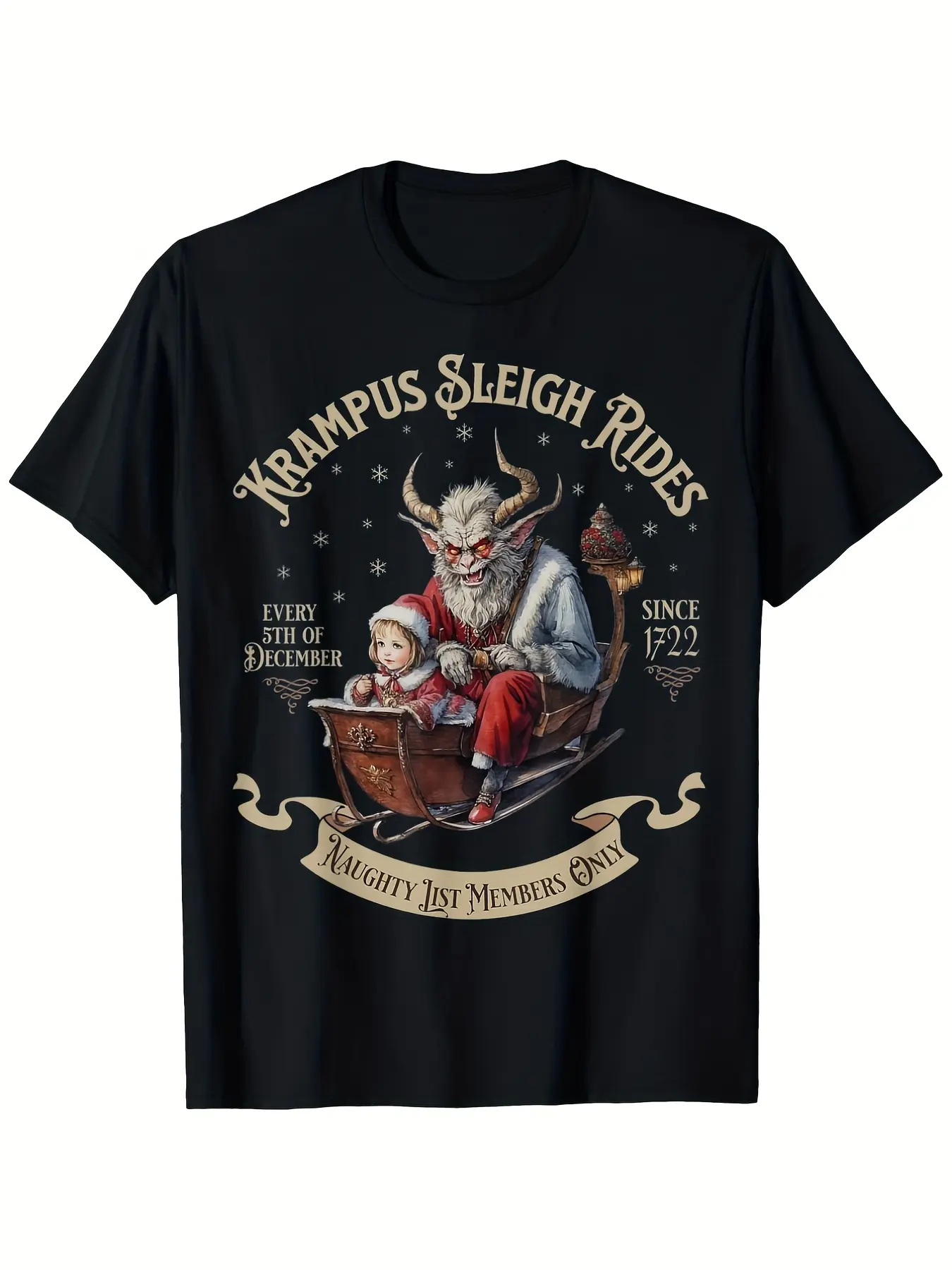Krampus Sleigh Rides Christmas T-Shirt - 100, Soft unisex soft cotton short sleeve t shirt, vintage graphic casual tee for men women teens, perfect birthday holiday gift for camping travel gym daily street  wear