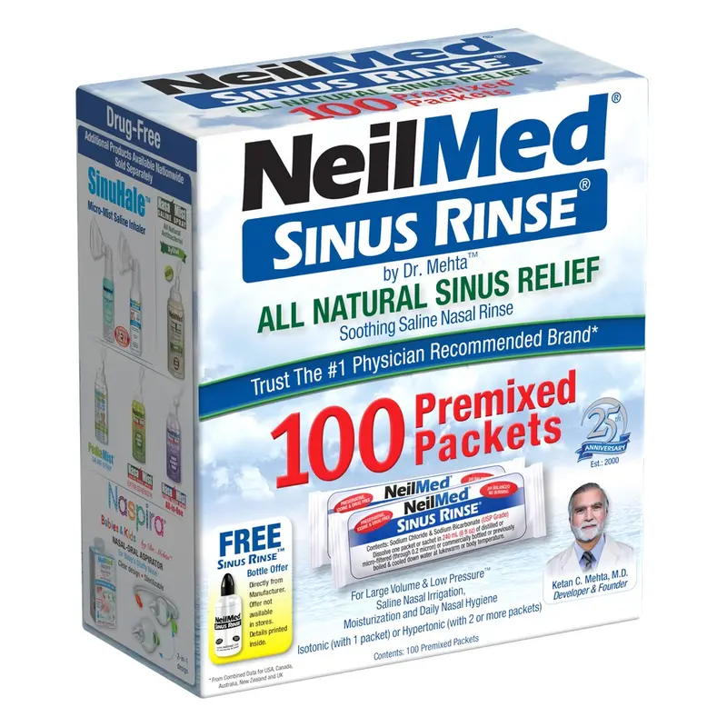 NeilMed Sinus Rinse 100 Regular Premixed Packets - Soothing Saline Nasal Wash for Allergies & Congestion - Preservative-Free, pH Balanced