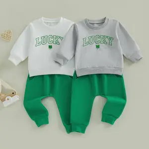 Kupretty Toddler Baby Boys St. Patrick's Day Outfits Set Long Sleeve O Neck Lucky Clover Embroidery Tops Sweatshirt Drawstring Pants Kids Boy Clothing Sets 0-3 Years
