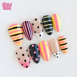 Stripe Dot Handmade Press-On Nails | Short Almond Shape, 10pcs, Nail Tips Art | Dopamine Stripe Dot Design | Multi-Color Stripe & Black/Pink Polka Dot Accents | Reusable DIY Nail Kit for Women | Trendy Nails for Spring, Summer, Dates & Daily Wear