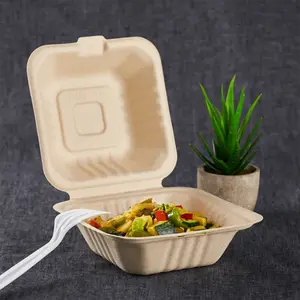 Karat Earth 6''x6'' PFAS Free Compostable Bagasse Hinged Containers, Natural - 500 pcs