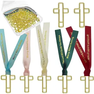 Cross Paper Clips with Ribbons Set. 30 Gold Bible Paper Clips, 10 Christian Bookmark Ribbons, Bible Study Supplies Accessories Christian Gifts for Women