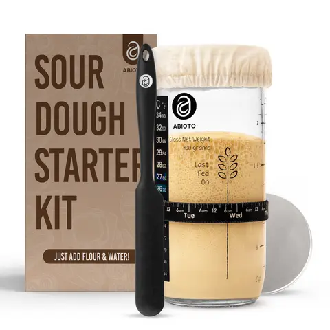 ABIOTO Sourdough Starter Jar Kit for Beginners - Glass Starter Jar with Thermometer Strips, Day Tracking Band, 3 Breathable Cloth Covers, Aluminum Lid & Silicone Spatula - 24oz, 34oz & 40oz Sizes