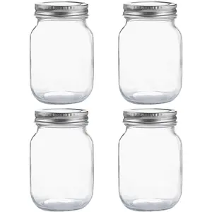 Glass Regular Mouth Mason Jars, 16oz Clear Glass Jars with Silver Metal Lids for Sealing, Used for Food Storage, Overnight Oats, Dry Goods, Snacks, Candy, DIY Projects (4-Pack)
