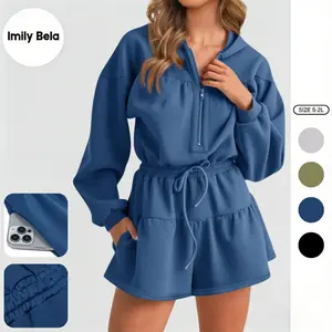 Imily Bela Womens Rompers Casual One Piece Outfits Half Zip Long Sleeve Hoodies Casual Shorts Drawstring Waist Jumpsuits