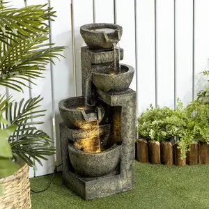 Outdoor Fountain with 4-Tier Stacked Stone Look Bowls Cascading Waterfall Adjustable Flow LED Lights Gray Weather-Resistant Resin Zen Garden Decor