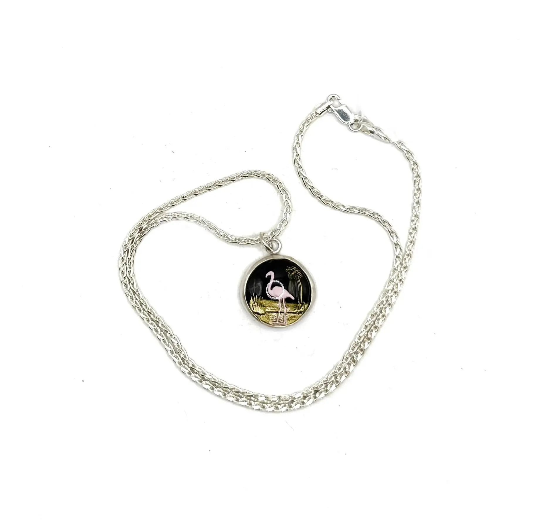 Vintage 1950s Flamingo Glass Necklace – Hand-Painted Intaglio Cabochons on Sterling Silver Wheat Chain