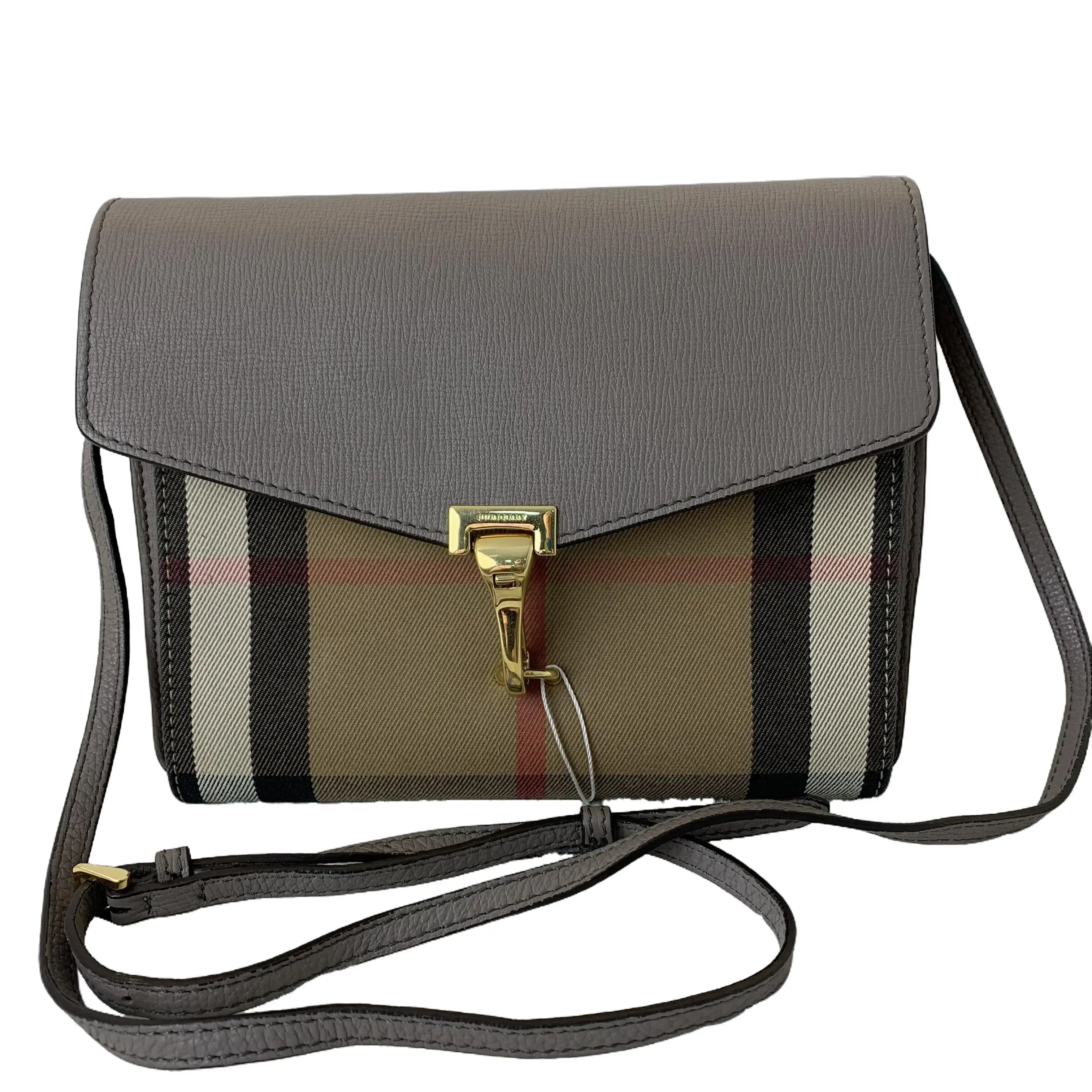 Pre-owned BURBERRY Vintage Check Grey Leather Envelope Style Crossbody Shoulder Bag Gold Toggle Lock Hardware, Compact, Adjustable Thin Leather Strap, Archival Check Print, Flap, Main Compartment, Ideal for Casual Outings,Daily Commuting,TKAB00000018
