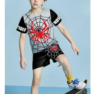 2-piece set of boys' casual cool spider print short-sleeve T-shirt and shorts, comfortable summer boys' clothing