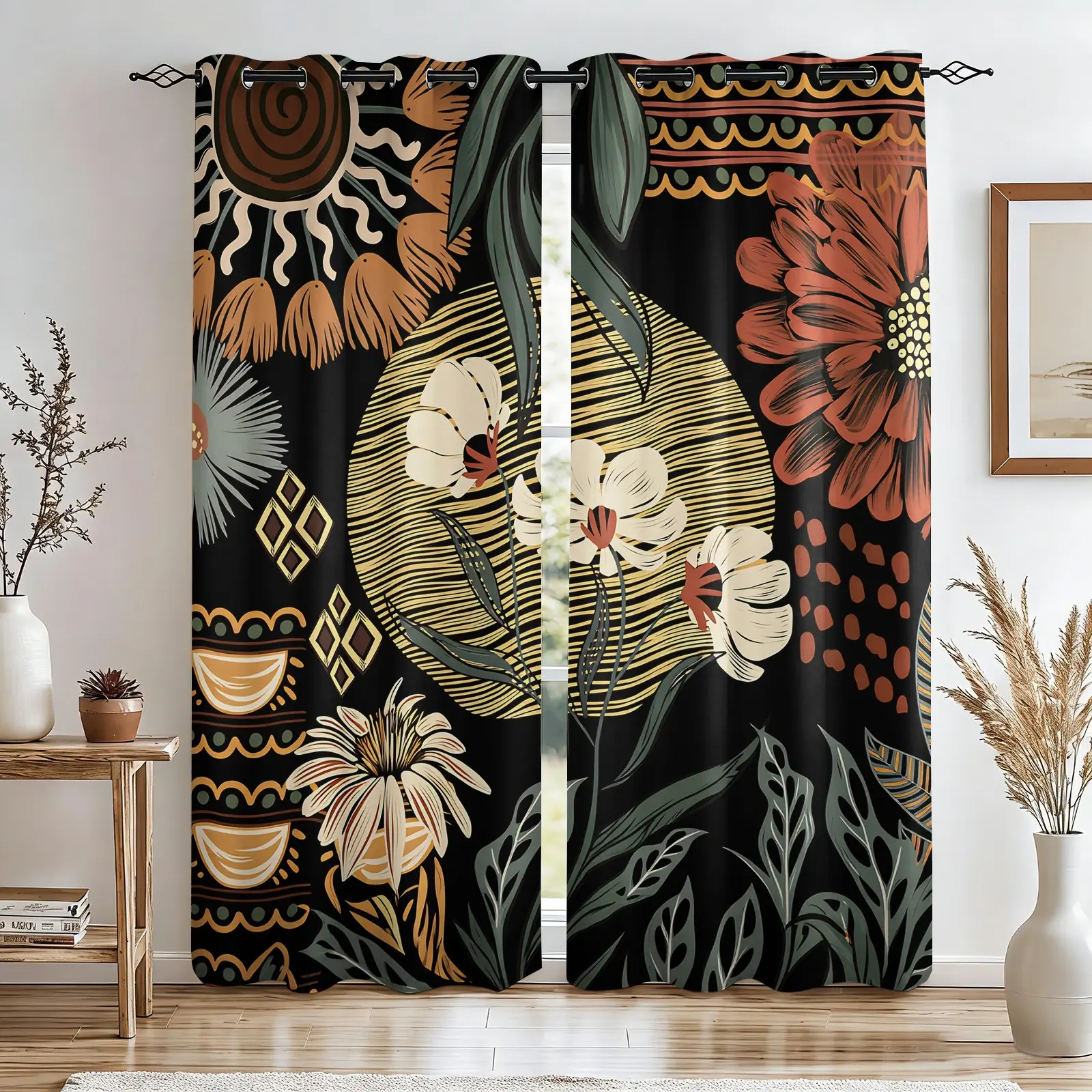 Boho Tribal Floral Window Blackout Curtains Set of 2, W52xL84, Black Earth Tone, Thermal Insulated Room Darkening, Bedroom Living Room Decor, Home Decorative Curtain, Perfect Housewarming Gift for Boho Home Lovers