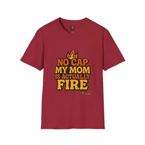 Menswear Short-Sleeve Round Neck Soft Cotton Top - Lightweight, Ribbed, Breathable Casual Tee with "No Cap My Mom Is Actually Fire" Print for Everyday Mom Appreciation