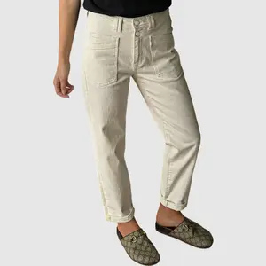 Flamingal Solid Patch Pocket Dual Button High Rise Straight Leg Pants