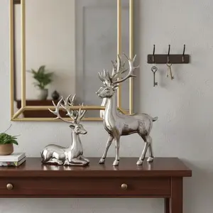 Silver Color Reindeer Sculpture Decorations, Room Decor Ornament, Modern Home Decor for Winter & Christmas, Ideal Gift Set of 2 Elegant Ornaments
