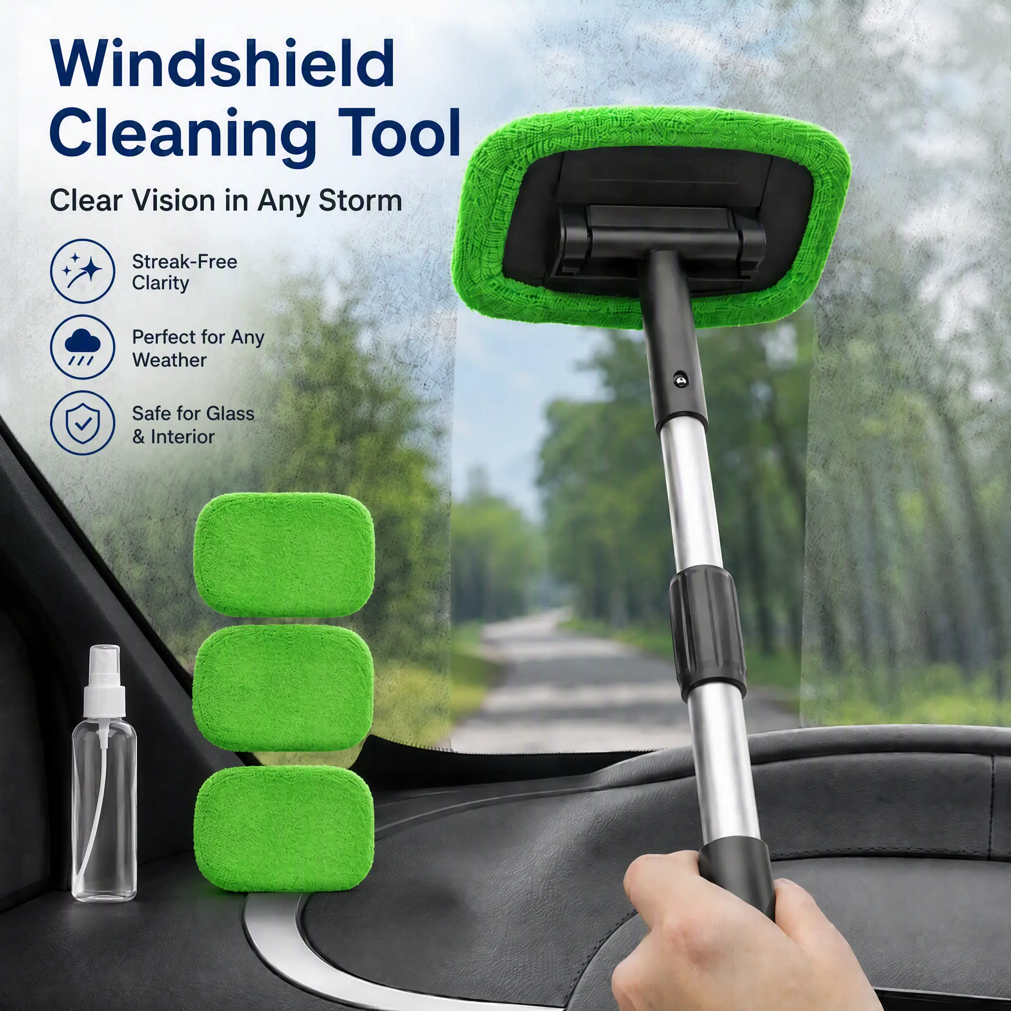 Green Car Windshield Cleaning Tool Kit for Cars & SUVs - Extendable 180° Rotating Handle, Streak-Free Microfiber Cleaner, 4 Reusable Washable Pads, Easy-Install Spray Bottle