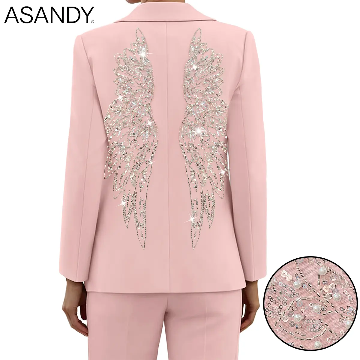 ASANDY Women's Elegant Collared Long-Sleeve Oversized Crystal-Embellished Blazer - Luxury Women's Suits Loose White Jacket for Formal Party, Wedding Guest Outfit