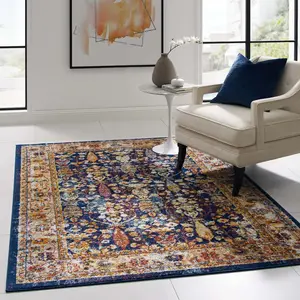 Modway Entourage Jessa Distressed Vintage Floral Lattice 5x8 Area Rug in Blue, Orange, Yellow, Red