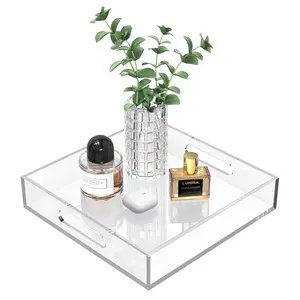 Home Decorative Coffee Table Tray, 10"x10" Elegant Acrylic Serving Trays with Handles Works for Eating, Breakfast, Makeup Drawer Organizer,Bathroom Vanity Table,Ottoman Tray, Clear