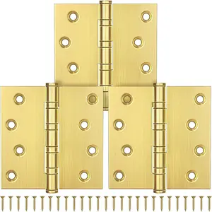 Ball Bearing Brushed Gold Door Hinges, 4 x 4 Inches Brass Gold Door Hinges, Square Corner, Stainless Steel Hinges, Heavy Duty, Smooth and Non Removable Pin, Brushed Gold, 3 Pack