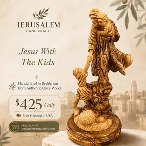 Jerusalem Handicrafts Jesus With The Kids Statue Handcrafted in Bethlehem from Authentic Olive Wood Christian Gift & Religious Décor