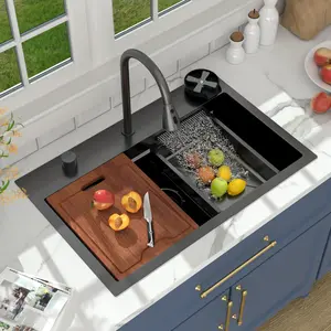 Lordear 31x20 Inch Gunmetal Black Waterfall Kitchen Sink Single Bowl Drop In Kitchen Sink 16 Gauge Stainless Steel Workstation Sink With Glass Rinser,Faucet