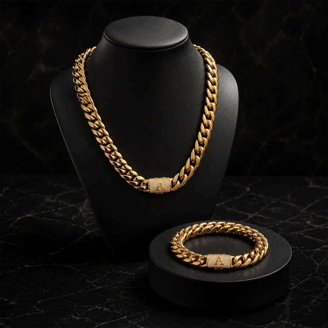 18K Gold Plated Custom Initial Cuban Link Necklace & Bracelet, A-Z Personalized Letter Iced Miami Cuban Chain with CZ Clasp for Men Women