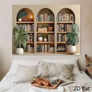 2D Flat, 1pc Photograph Three Arched Bookshelves Books Plants Them Against Beige Background Hyperrealistic Style Photography Background Party Decoration Supplies Banner Photo Booth Studio Props, 2D Flat