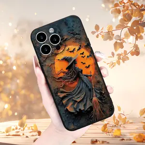 Creative Witch Bat Print Fashion Men And Women Black Phone Case for Iphone 16/16PRO/16PROMAX/15/ 15PLUS/ 15PRO/ 15PROMAX/ 14/ 14PLUS/ 14PRO/ 14PROMAX/ 13/ 13Mini/ 13PRO/ 13PROMAX/ 12/ 12Mini/ 11/ 8/ 7/ SE/ XSMAX/ / Plus/ Pro/ Xr/Max Series, for Halloween