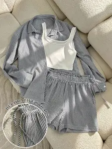 2 Striped Two Piece Set Women | Oversized Button Down Shirt & Drawstring Shorts, Tank Top NOT Included | Casual Loungewear for Daily Wear Vacation Womenswear