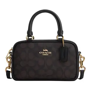 Coach Satchel 18 Handbag for Women – Logo-Zip Closure, Coated Canvas, Crossbody/Shoulder/Top Handle, Small Size, Dark Brown