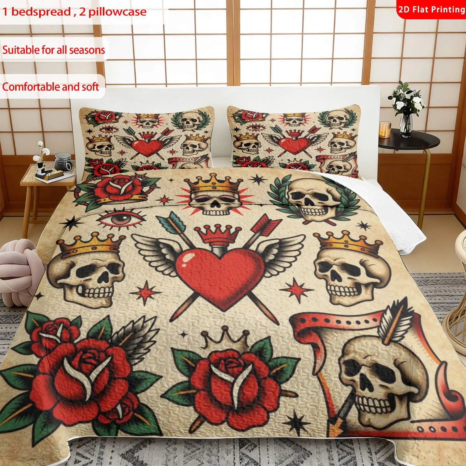 3 pcs, 2D Flat Print Vintage Tattoo Art Bedspread Set, Soft and Comfortable, Multiple Sizes Available, Suitable for Gifting and Daily Use, Ideal for Creating a Cozy Home Atmosphere(1 bedspread , 2 pillowcases)