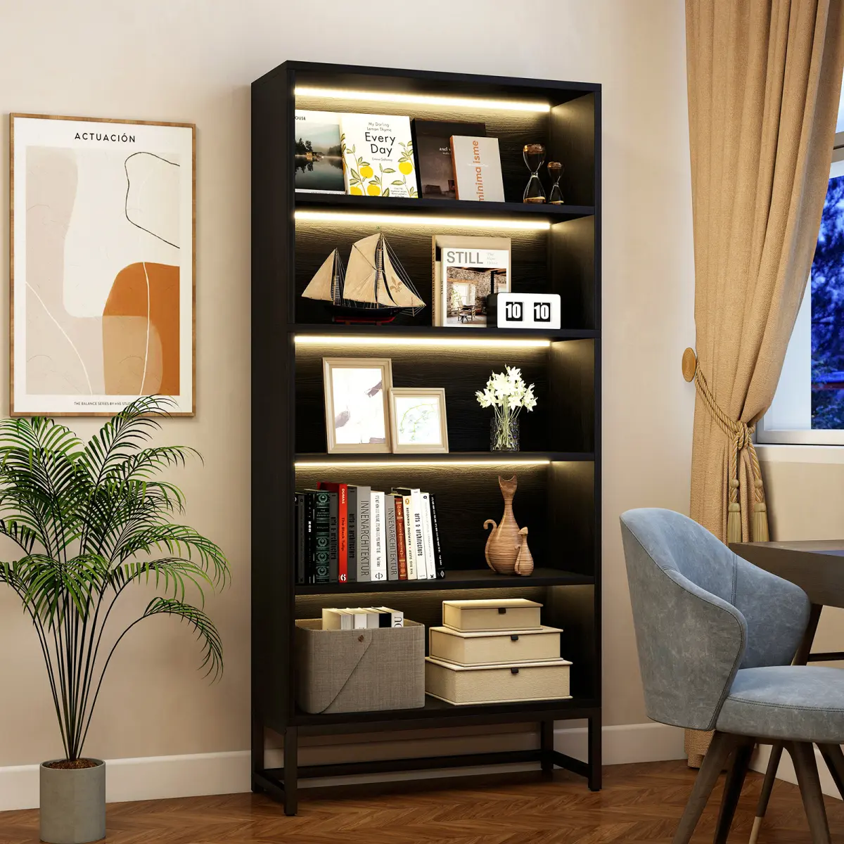 Tall Bookcase with LED Lights, 5 Tier Bookshelf with Storage, Heavy Duty Wood Bookshelf with Adjustable Lighting, Freestanding Display Cabinet for Living Room, Bedroom, Home Office, Study Room (Black)