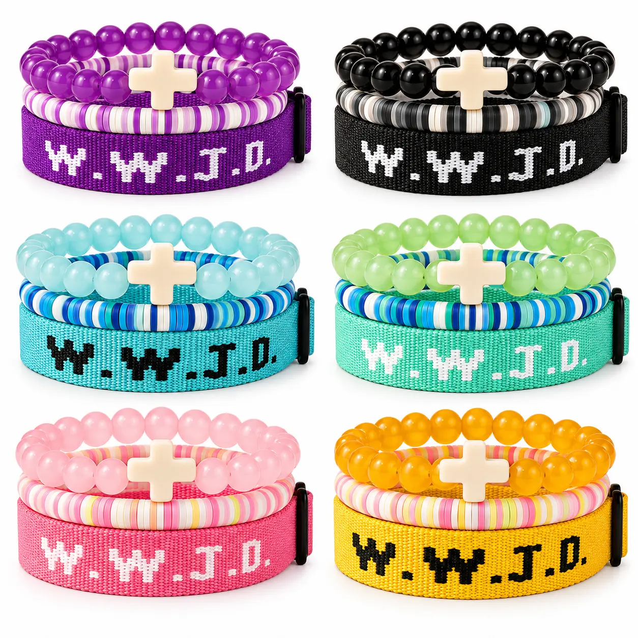 WWJD Bracelet Set, 3PCS What Would Jesus Do Christian Bracelets, Cross Charm, Crystal Beaded & Braided Rope Stretch Bracelets, Faith Inspired Religious Jewelry Gift for Women and Men