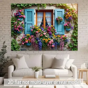 1-Piece Soft Polyester 2D Flat Banner, Multi-Size Festive Decor Backdrop with Blue-Shuttered Window, Lively Colorful Flower Pots, Ornaments for Home & Party Supplies, Event Organizers