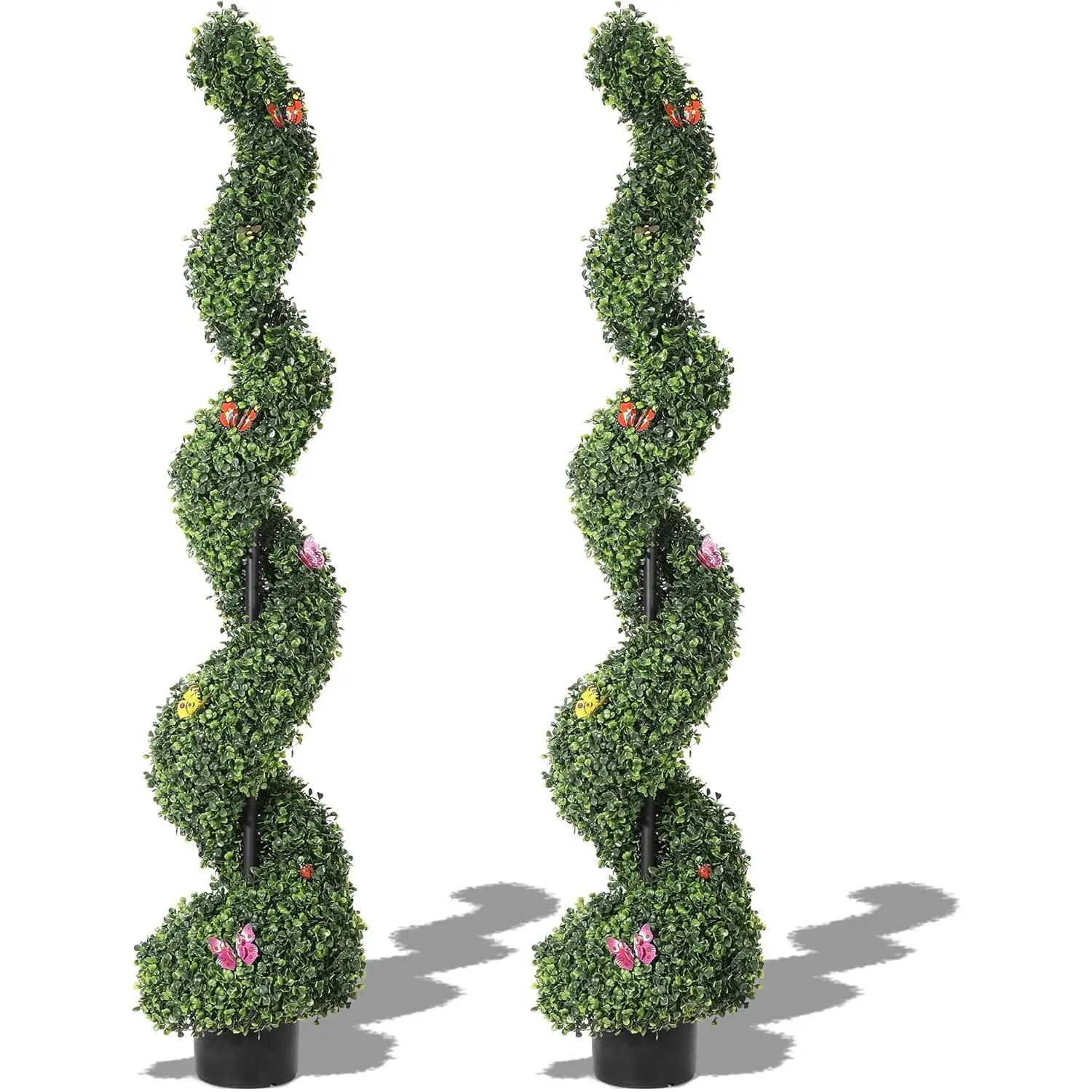 Set of 2,5ft Artificial Boxwood Spiral Topiary Trees with Insect Decorations,UV-Resistant Evergreen Faux Plants for Indoor & Outdoor Decor
