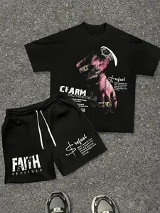 Men's 2-Piece Casual Fashion Set Outfit with Letter Print T-Shirt, Stylish Drawstring Waist Shorts, Comfortable Summer for Outdoor Wear