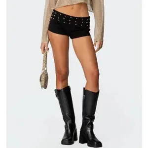 Women Y2K Studded Foldover Vintage Low WaistFit Micro Shorts Black Womenswear