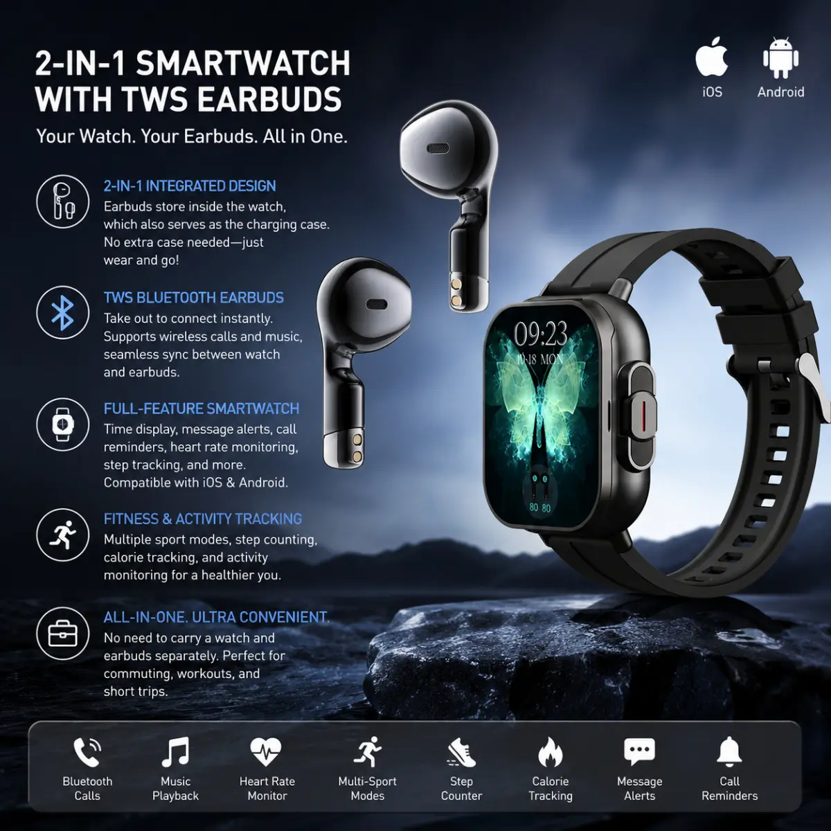 2-In-1 Smart Watch With Built-In Earbuds Integrated TWS Earbuds Smartwatch Wireless Bluetooth Headphone Watch All-In-One Fitness Tracker & Earbuds Dual-Function Smart Watch + Earbuds Portable Smartwatch With Earbuds Multifunctional Fitness Smart Watch