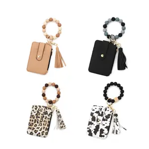 Elegant Leather Wallet Keychain Card Holder Card Bag, Silicone Beaded Bracelet Design, Casual Women's Accessory for Daily Use & Travel