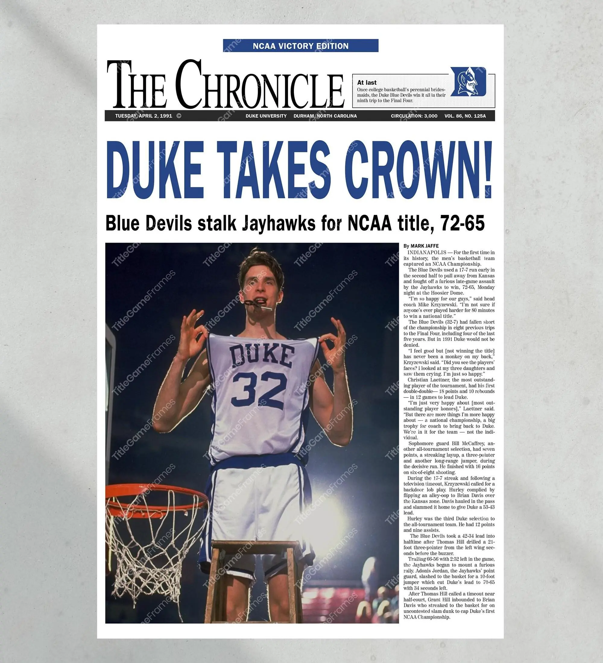 1991 Duke Blue Devils NCAA Basketball National Champions Unframed Poster - 'Duke Takes Crown'