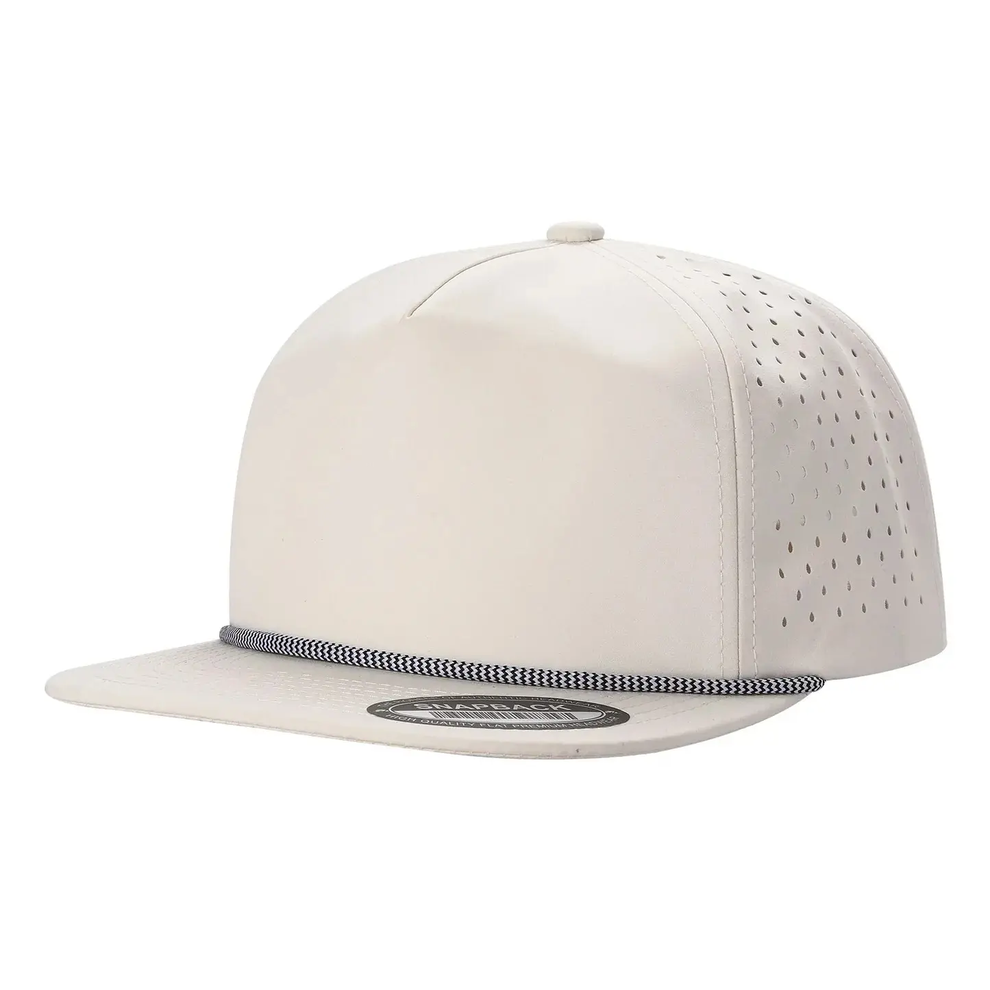 Laser Perforated Flat Brim Snapback Hat - 5-Panel Structured Rope Decor Baseball Cap, Adjustable Lightweight Quick-Dry Breathable Unisex Outdoor Sport Headwear for Fishing, Running, Daily Casual Outfits
