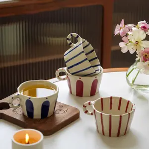 Retro Hand-Painted Striped Ceramic Mug, Breakfast Cereal & Latte Coffee Cup, Multi-Use for Home, Practical Container, Coffee Drinkware, Coffee Cups Gift