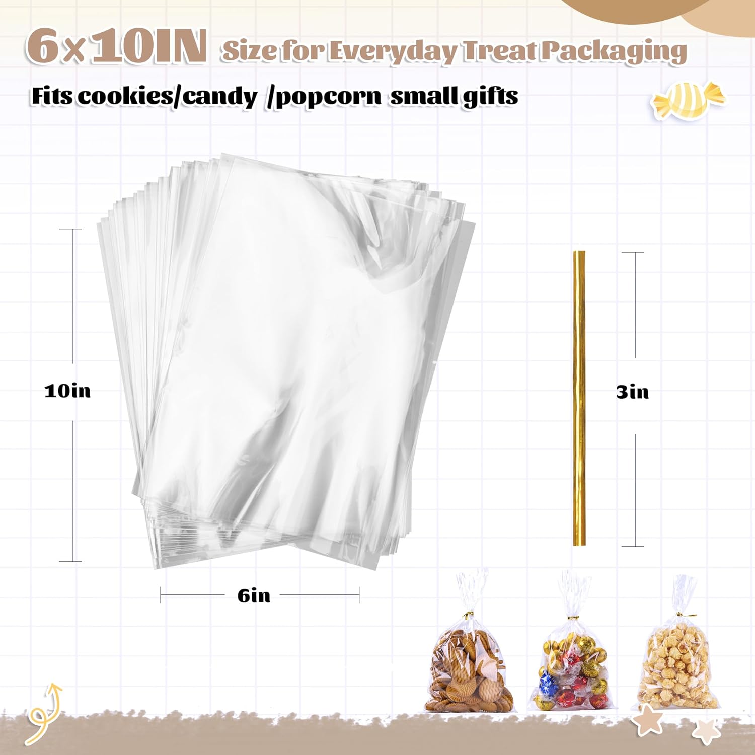 Clear Cellophane Treat Bags 6 x 10 in, 100 Pack Gift Bag with Twist Ties, Bags for Cookies, Candy, Party Favors, Bakery Packaging and Small Gifts