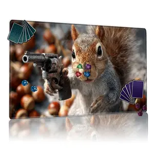 Realistic Squirrel with Revolver Holding Acorns TCG Playmat - 12x24in Non-Slip Backing, Perfect for MTG & TCG Card Games, Ideal for Family Gatherings & Gift