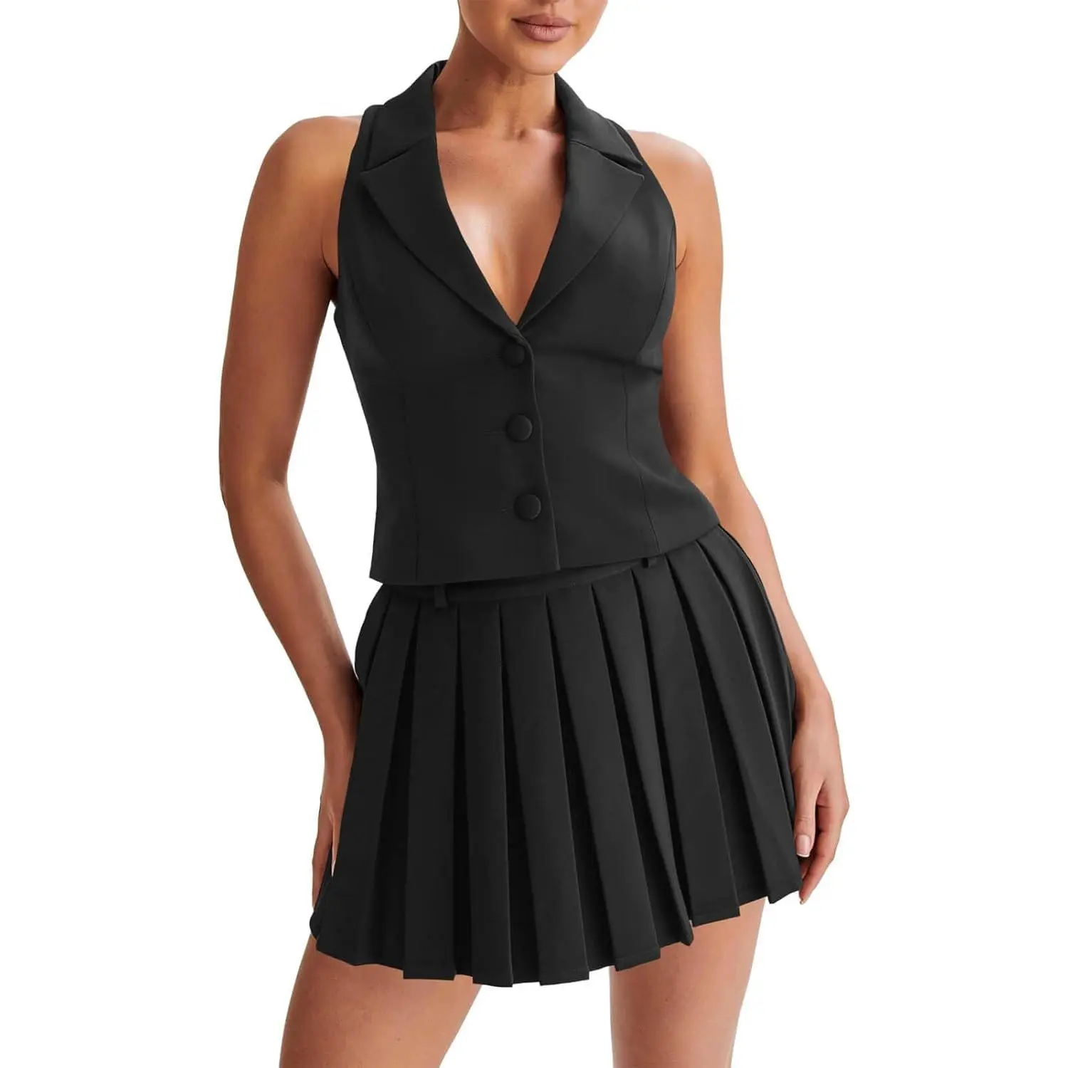 Imily Bela Womens Summer 2 Piece Outfits V Neck Blazer Vest Matching Sets and Mini Pleated Skirts