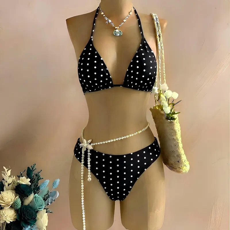 Women's 2026 Summer Polka Dot Print Halter Neck Swimsuit With High Cut Bottoms, 2-Piece Bikini Set
