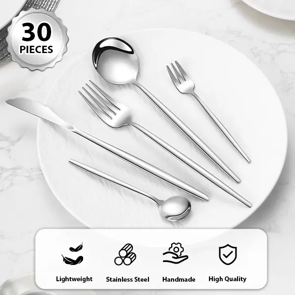 30-Piece Mirror-Polished Rounded Curve Stainless Steel Flatware Set - Durable Cutlery with Smooth Finish, Fruit Forks, Kitchen Utensils, Dinnerware Service Set for Elegant Family Dinners & Formal Events, Tableware Set
