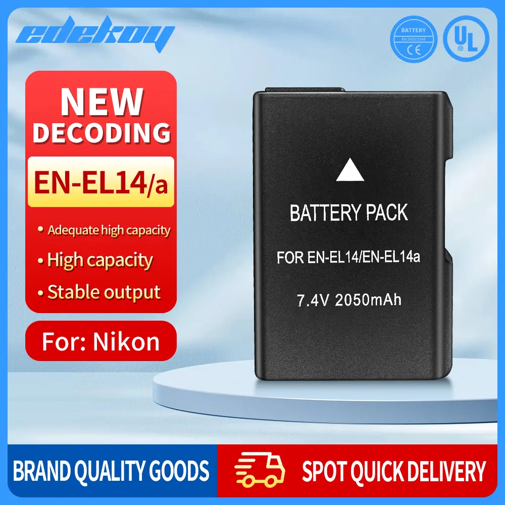 EDEKOY 2-Pack 2050mAh Li-ion EN-EL14 Batteries, Camera Accessories Compatible with Nikon Devices, Includes Free Black Camera & Vlog Kit for Smartphones