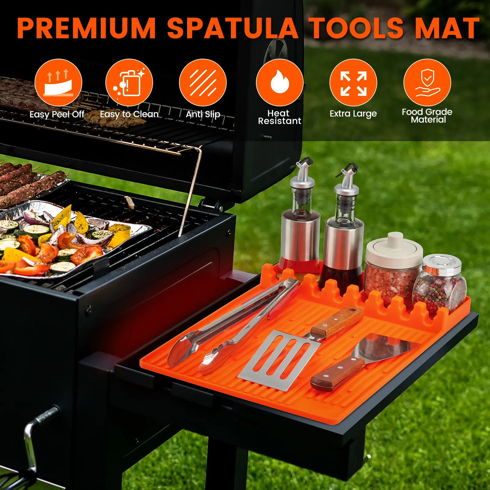 TRZZ Blackstone Silicone Grill Side Shelf Mat - 16x11.5in Home Griddle Accessory, Lightweight, Durable, Anti-Slip, Heat-Resistant, Oil-Proof, Waterproof, Foldable Barbecue Utensils Holder for Spatulas, Tongs, Sauces, Dad Gifts, Summer Outdoor Cooking