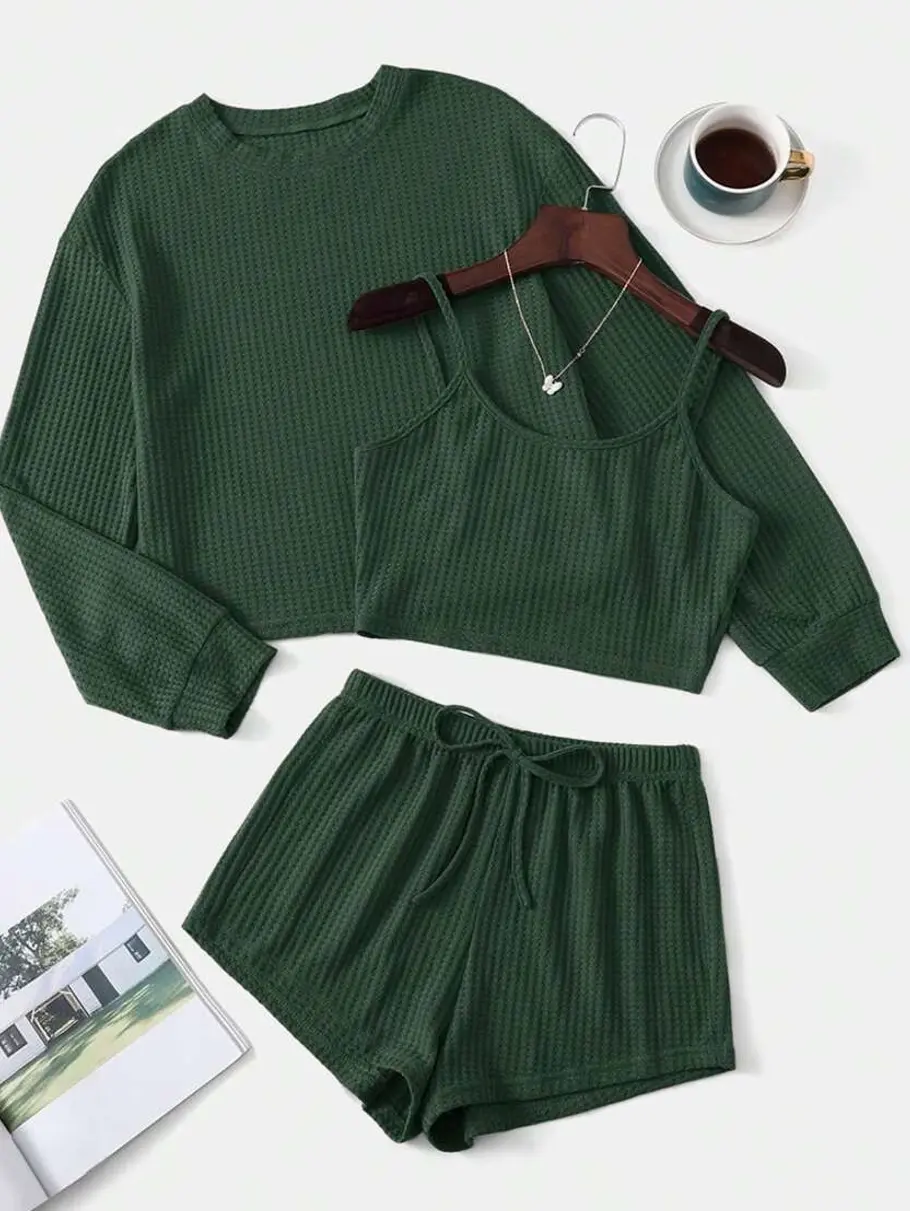 Dark Green Rib-Knit 3-Piece Lounge Set with Drop Shoulder Tee, Cami Top, and Shorts